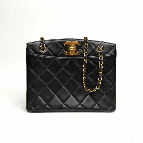 CHANEL 黑色羊皮3開金扣中古黑金貝嫂扣托特包