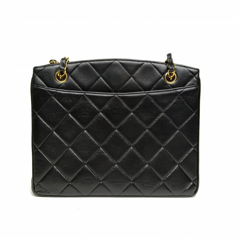 CHANEL 黑色羊皮3開金扣中古黑金貝嫂扣托特包-2