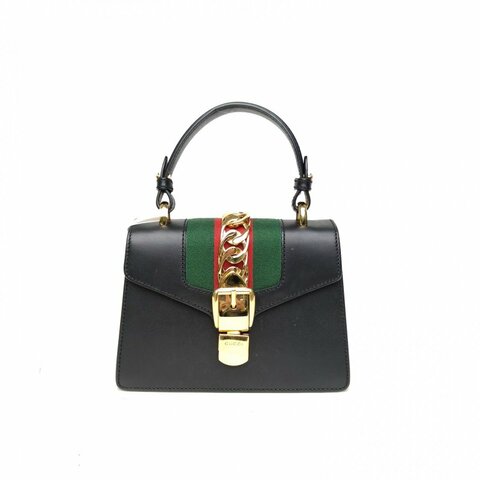GUCCI Sylvie塞爾維亞絲帶包手提Mini黑色牛皮金扣肩背包
