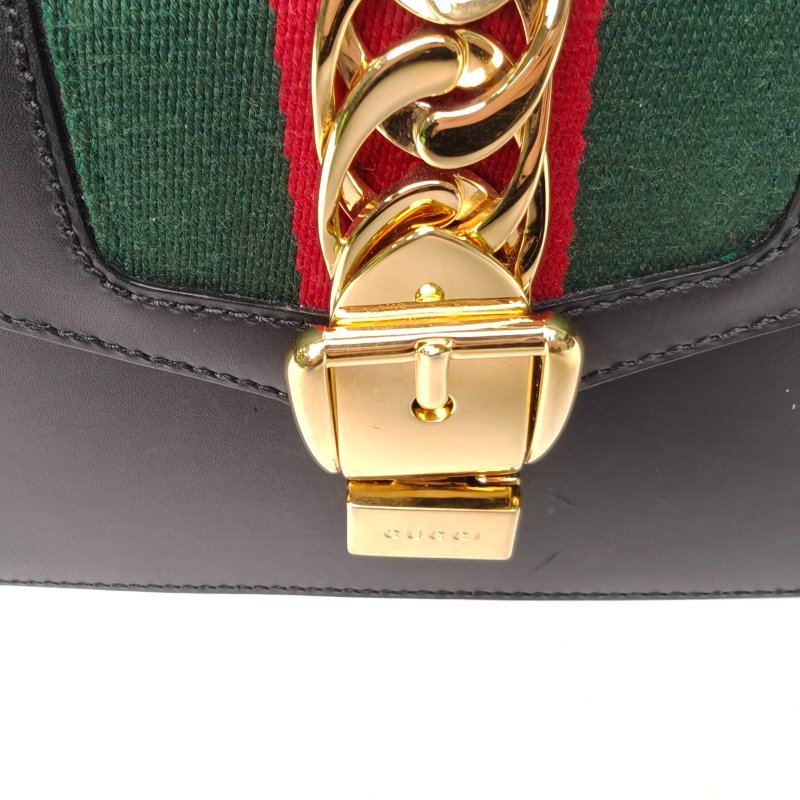 GUCCI Sylvie塞爾維亞絲帶包手提Mini黑色牛皮金扣肩背包-4