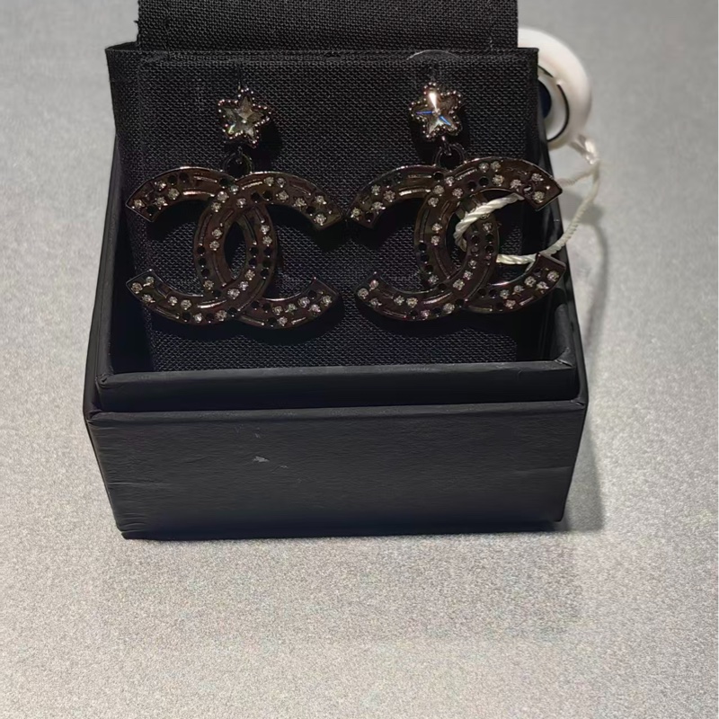 Chanel Gunmetal Star CC Dangle Piercing Earrings-0