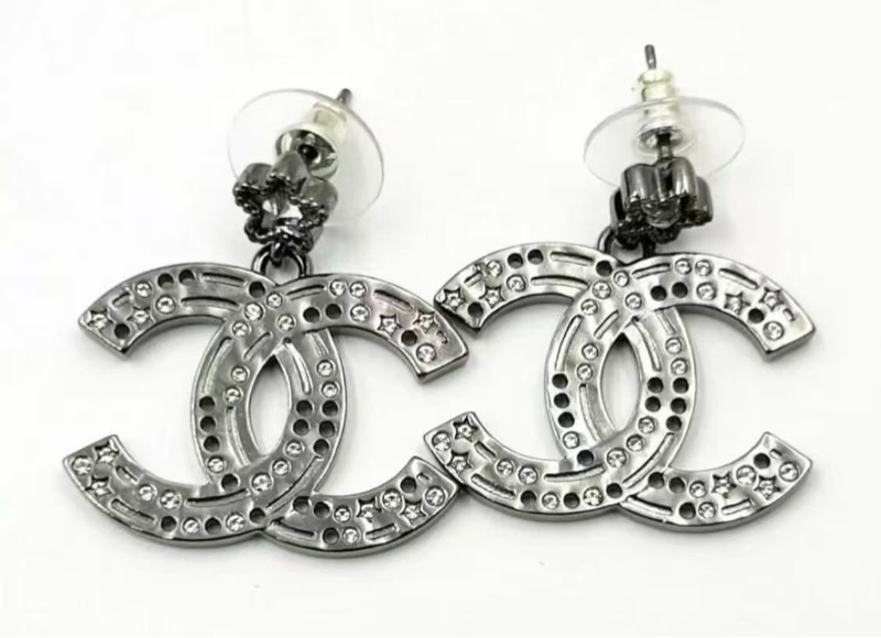 Chanel Gunmetal Star CC Dangle Piercing Earrings-1