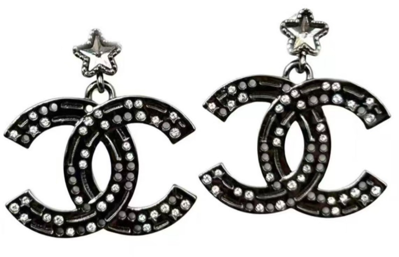 Chanel Gunmetal Star CC Dangle Piercing Earrings-3