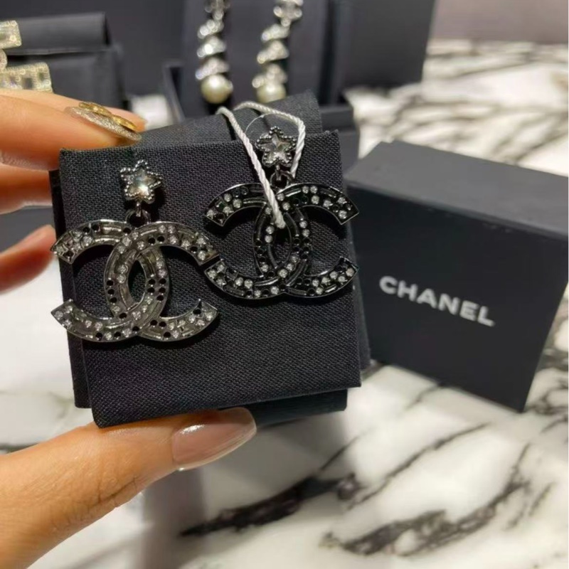 Chanel Gunmetal Star CC Dangle Piercing Earrings-4