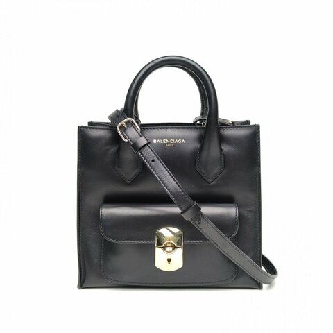 BALENCIAGA 黑色牛皮巴黎世家Padlock豎版風琴包手提托特