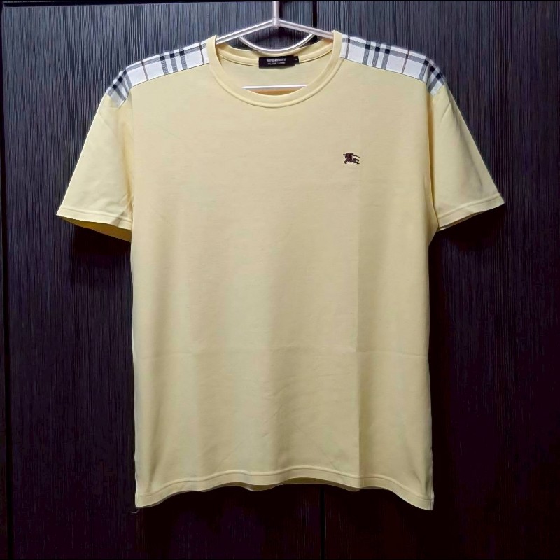 (日本製MIJ)絕版BURBERRY 博柏利 BLACK LABEL 黑標 戰馬 男鵝黃色英倫格紋肩短袖T恤3號-0