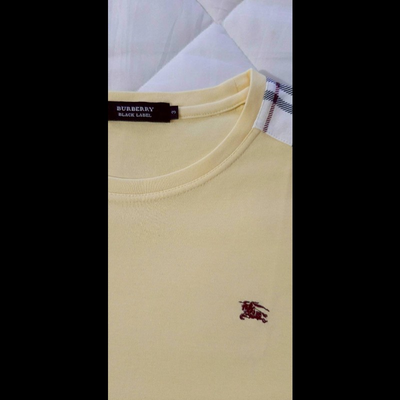 (日本製MIJ)絕版BURBERRY 博柏利 BLACK LABEL 黑標 戰馬 男鵝黃色英倫格紋肩短袖T恤3號-4
