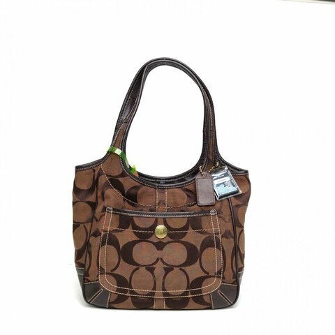 COACH 棕色帆布金扣coach腋下包老花肩背包
