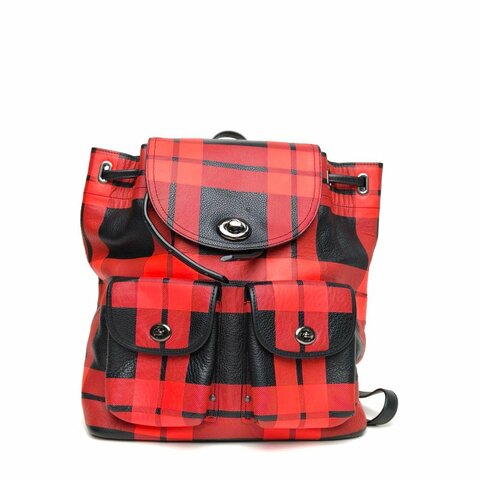 COACH 拼色牛皮coach紅色格紋雙肩包