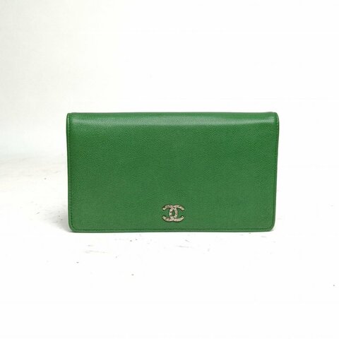 CHANEL 綠色牛皮13開銀扣長款對折錢包