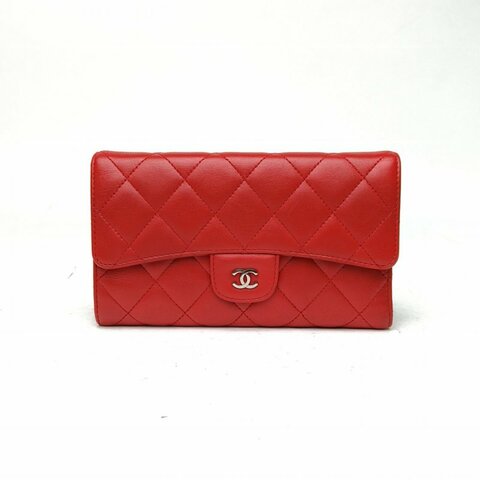 CHANEL 紅色羊皮13開銀扣CF長款三折口蓋錢包