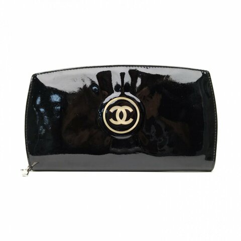 CHANEL 黑色漆皮13開銀扣雙Clogo手拿包長款錢包