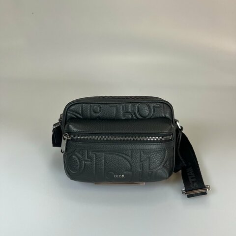 全新品 DIOR  黑牛皮壓印拉鏈雙層郵差包