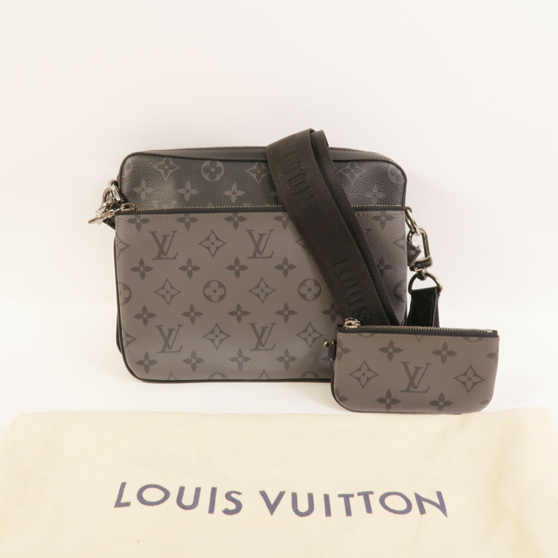 LOUIS VUITTON Monogram Eclipse Reverse Trio Messenger銀扣肩背袋灰色-11