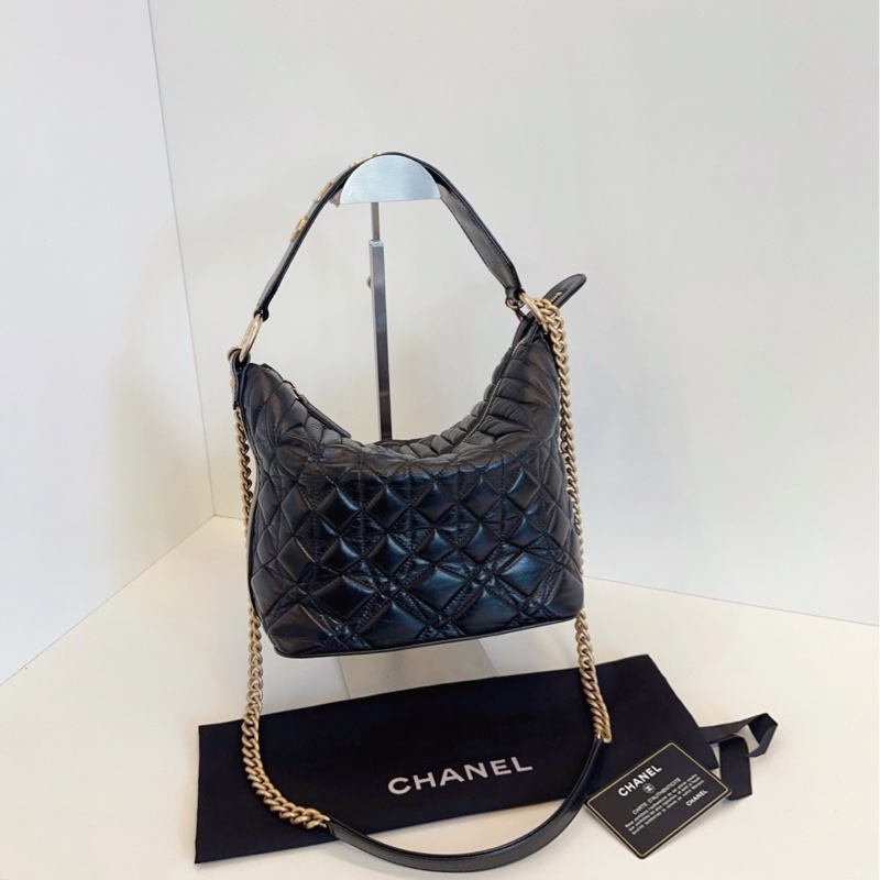 💎Chanel香奈兒|黑金油蠟牛皮嬉皮流浪包|99新|有卡-4
