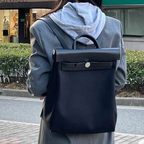 🐎Hermes 愛馬仕｜中古herbag｜全黑銀扣帆布拼皮雙肩包｜97新