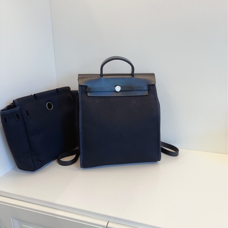 🐎Hermes 愛馬仕|中古herbag|全黑銀扣帆布拼皮雙肩包|97新-1