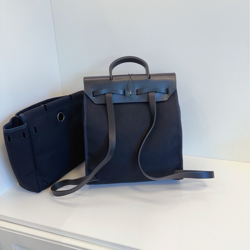🐎Hermes 愛馬仕|中古herbag|全黑銀扣帆布拼皮雙肩包|97新-2