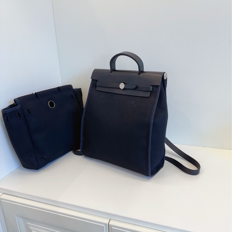 🐎Hermes 愛馬仕|中古herbag|全黑銀扣帆布拼皮雙肩包|97新-3