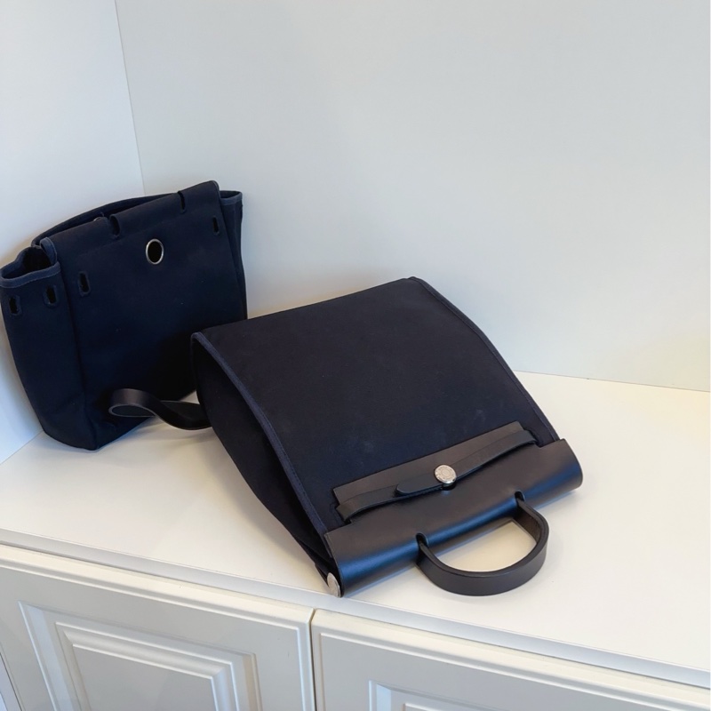 🐎Hermes 愛馬仕|中古herbag|全黑銀扣帆布拼皮雙肩包|97新-7
