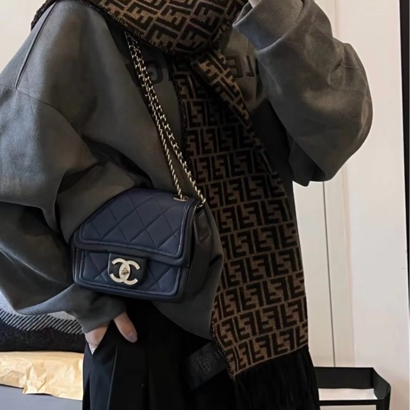 💎Chanel香奈兒|外縫菱格CF方胖子|霧霾灰藍色鏈條包|大雙C旋扣|98新-0