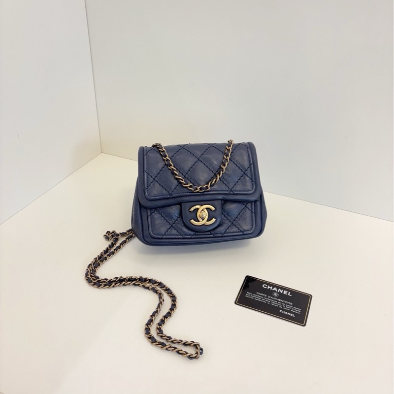 💎Chanel香奈兒|外縫菱格CF方胖子|霧霾灰藍色鏈條包|大雙C旋扣|98新-1