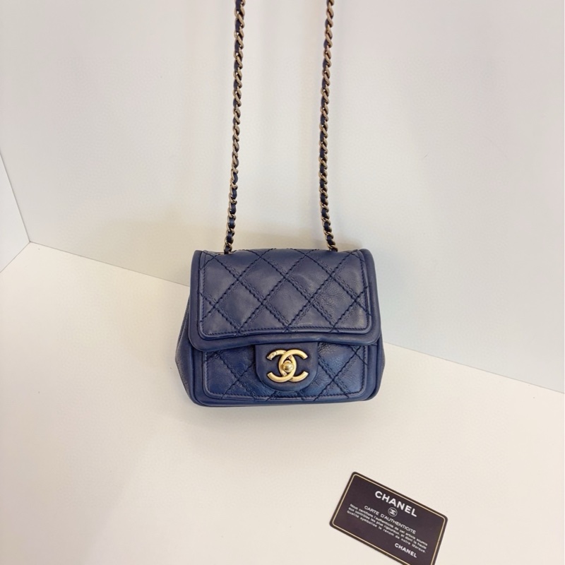 💎Chanel香奈兒|外縫菱格CF方胖子|霧霾灰藍色鏈條包|大雙C旋扣|98新-4