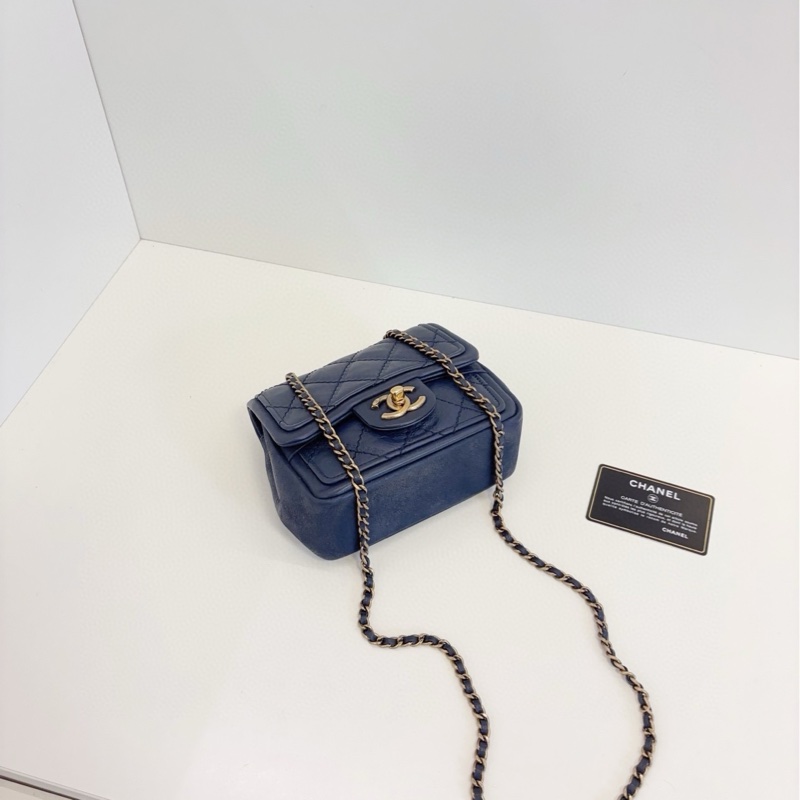 💎Chanel香奈兒|外縫菱格CF方胖子|霧霾灰藍色鏈條包|大雙C旋扣|98新-6