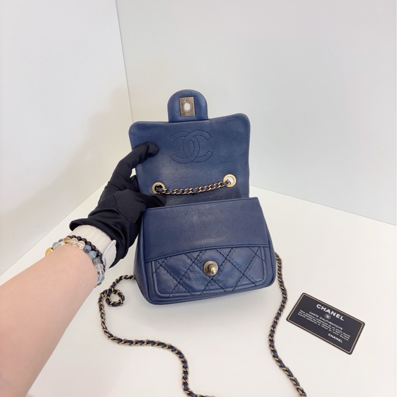 💎Chanel香奈兒|外縫菱格CF方胖子|霧霾灰藍色鏈條包|大雙C旋扣|98新-7