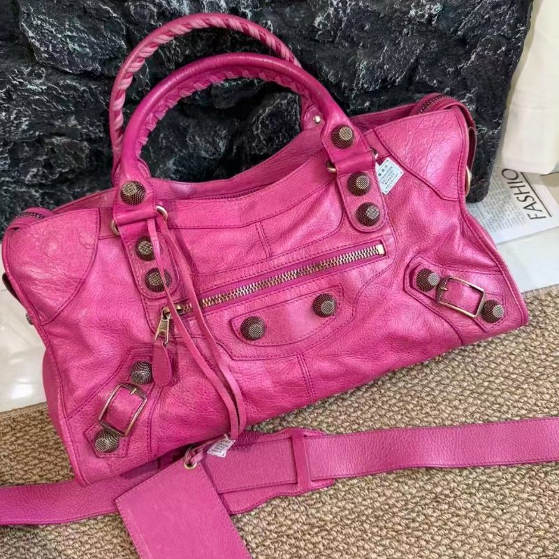 BALENCIAGA 玫粉色大號 手提肩背機車包 42*23*17 9新配件塵袋-0