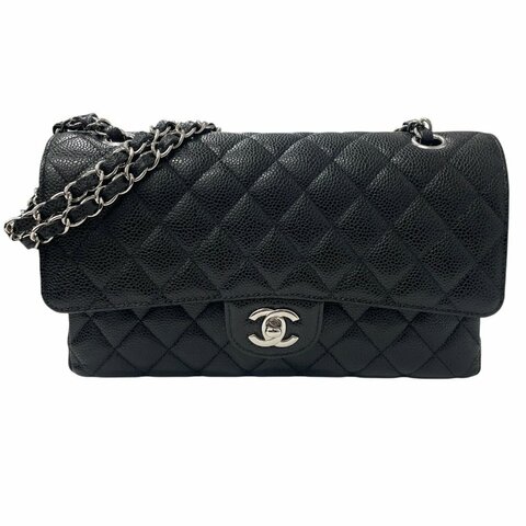 CHANEL 香奈兒 MATELASSE CF25 25公分口蓋包 荔枝牛皮 黑色 銀釦