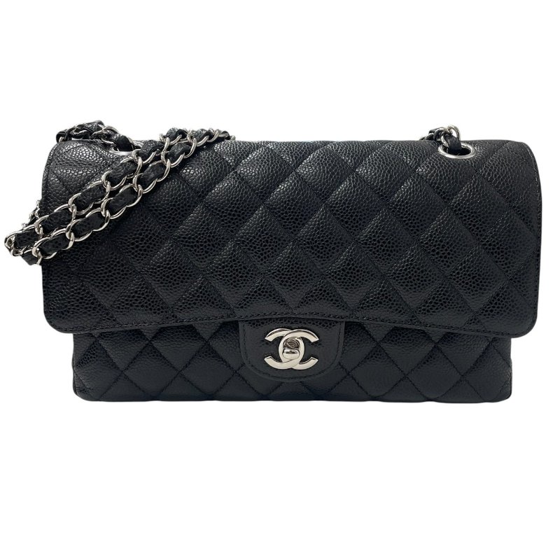 CHANEL 香奈兒 MATELASSE CF25 25公分口蓋包 荔枝牛皮 黑色 銀釦-0