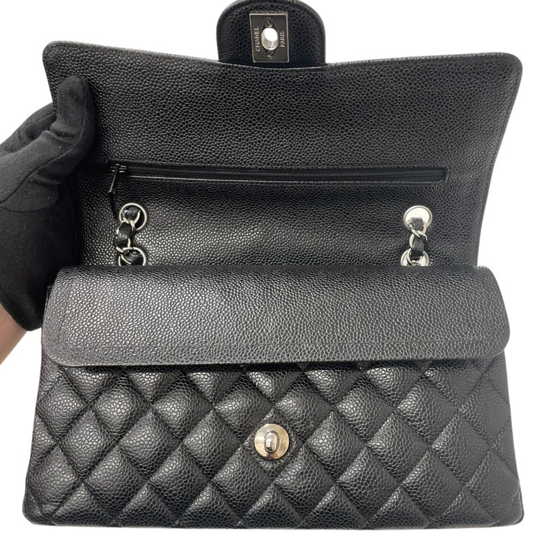 CHANEL 香奈兒 MATELASSE CF25 25公分口蓋包 荔枝牛皮 黑色 銀釦-12