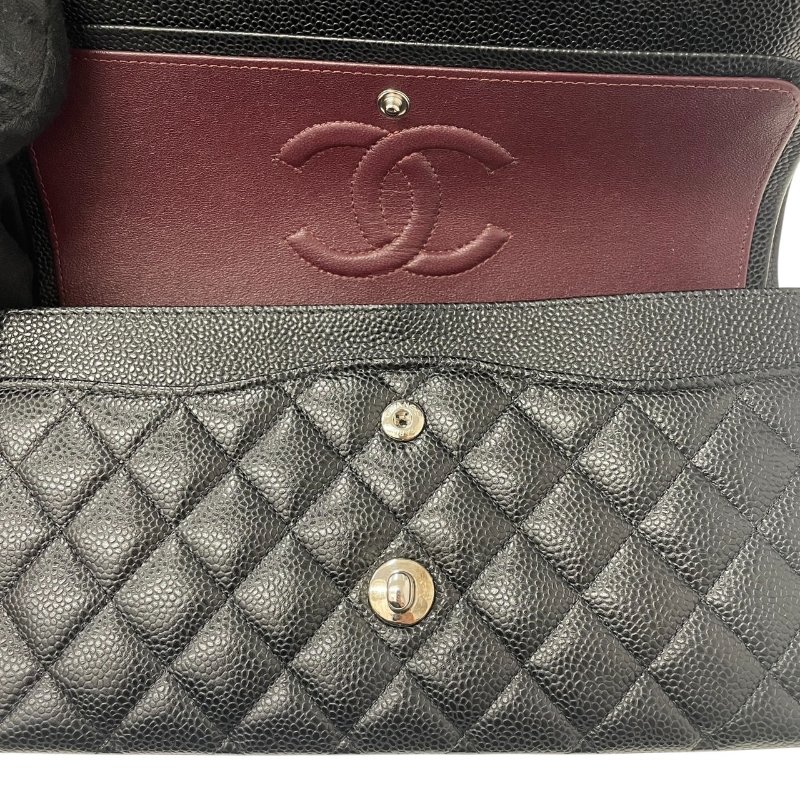 CHANEL 香奈兒 MATELASSE CF25 25公分口蓋包 荔枝牛皮 黑色 銀釦-13