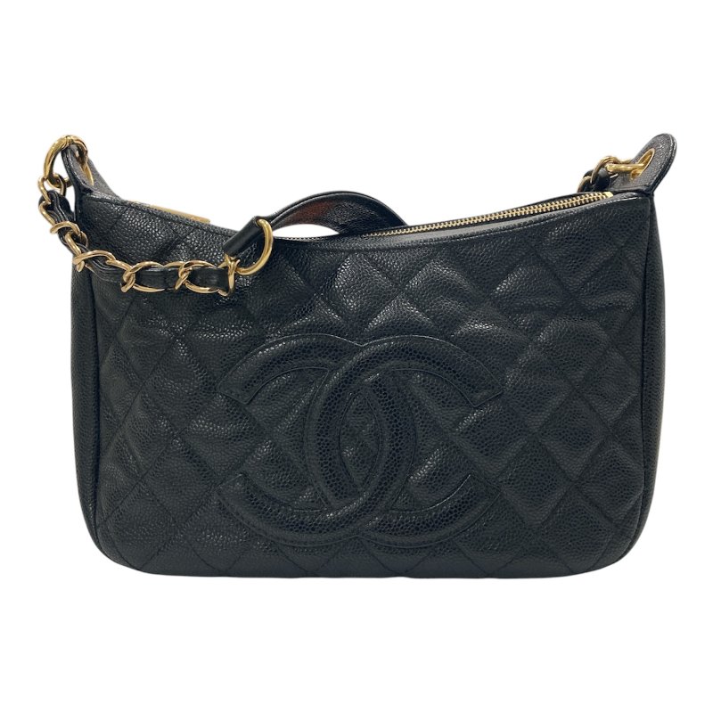 CHANEL 香奈兒 Vintage 肩背包 魚子醬牛皮 HOBO 黑色 金釦-0