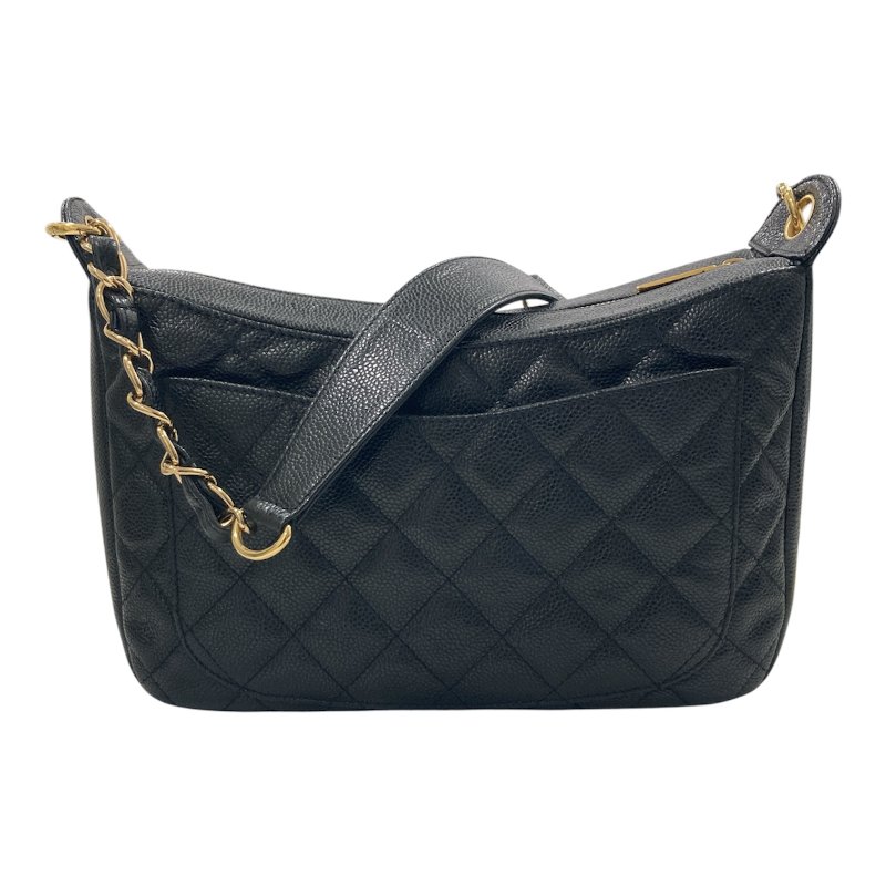 CHANEL 香奈兒 Vintage 肩背包 魚子醬牛皮 HOBO 黑色 金釦-1