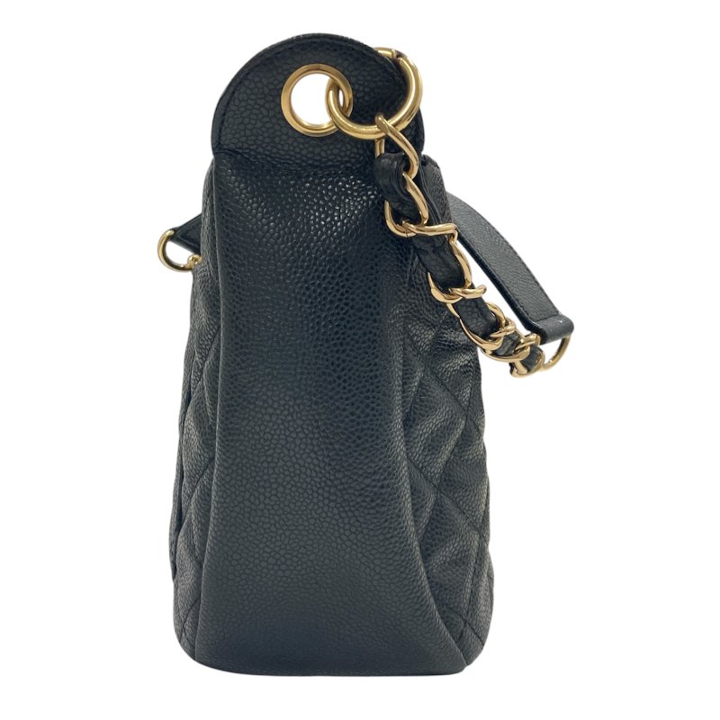 CHANEL 香奈兒 Vintage 肩背包 魚子醬牛皮 HOBO 黑色 金釦-2