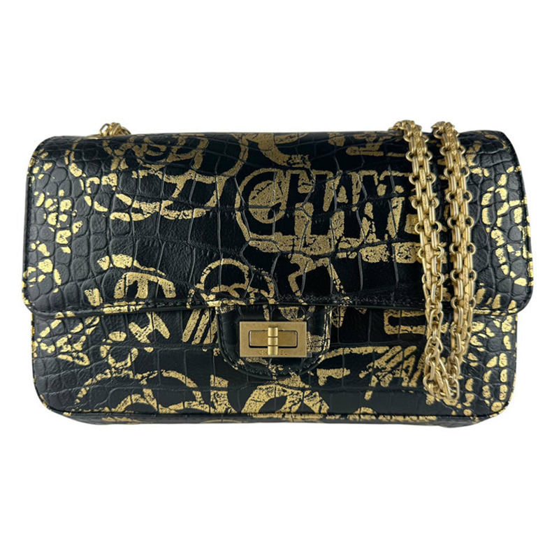 香奈兒 (Chanel) 2.55 壓花皮革黑色金色女士單背包 z9780-0
