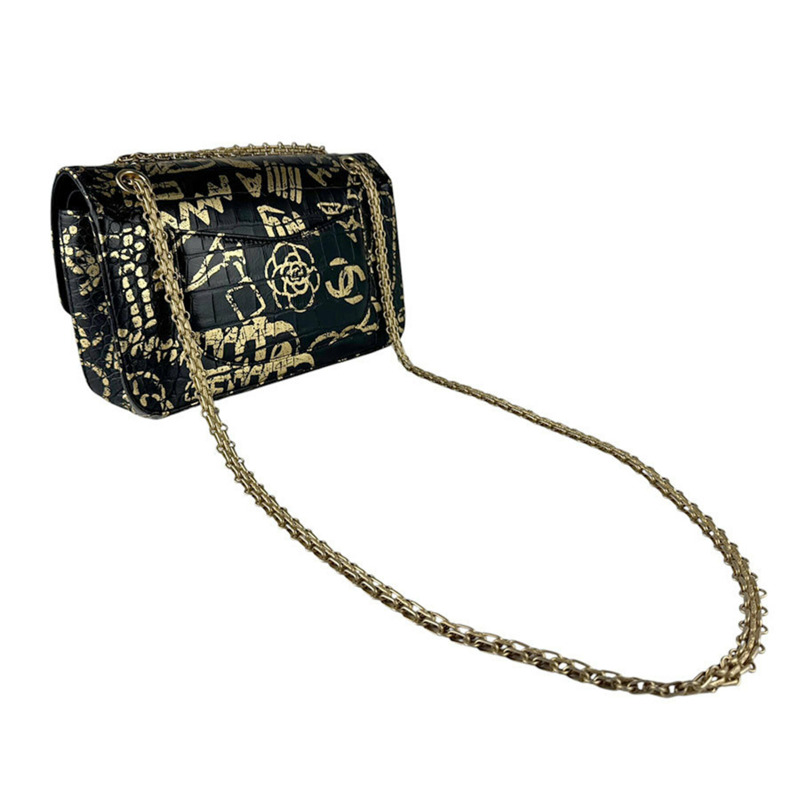 香奈兒 (Chanel) 2.55 壓花皮革黑色金色女士單背包 z9780-9