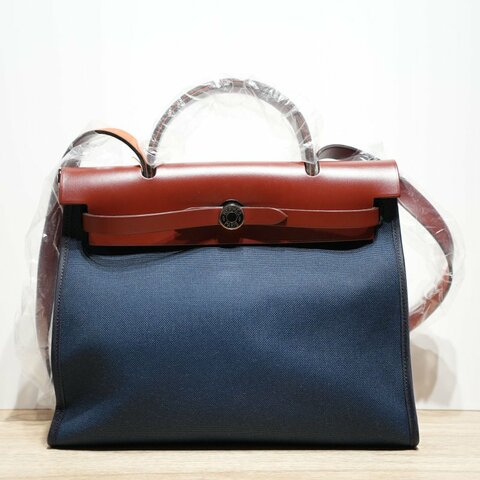 HERMES Herbag31帆布/牛皮X刻銀扣深藍色肩背包