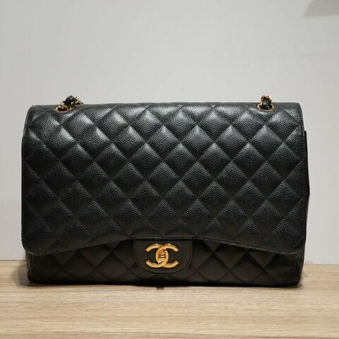 CHANEL CF口蓋包MAXI黑色荔枝牛皮15開金扣肩背包