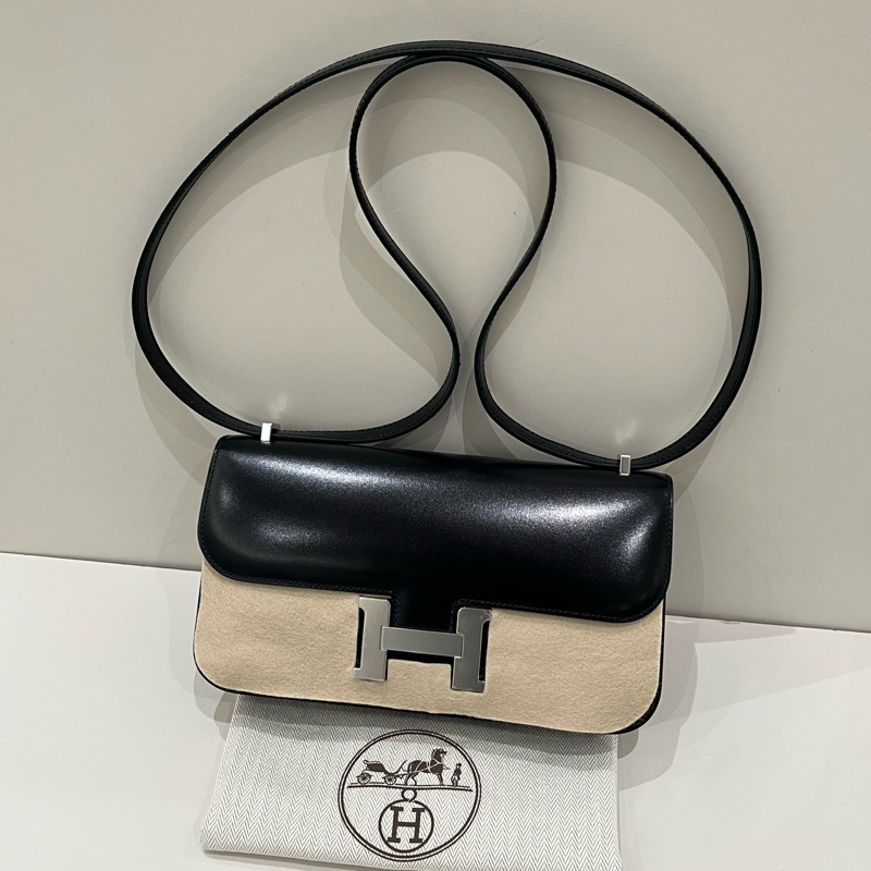 閒置新✨Hermes 愛馬仕 康康elan斜背包黑銀box皮 W刻-1
