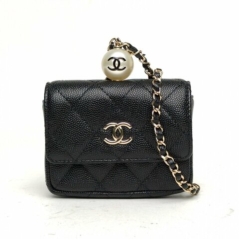 CHANEL 黑色荔枝牛皮淺金扣大珍珠鏈條零錢包