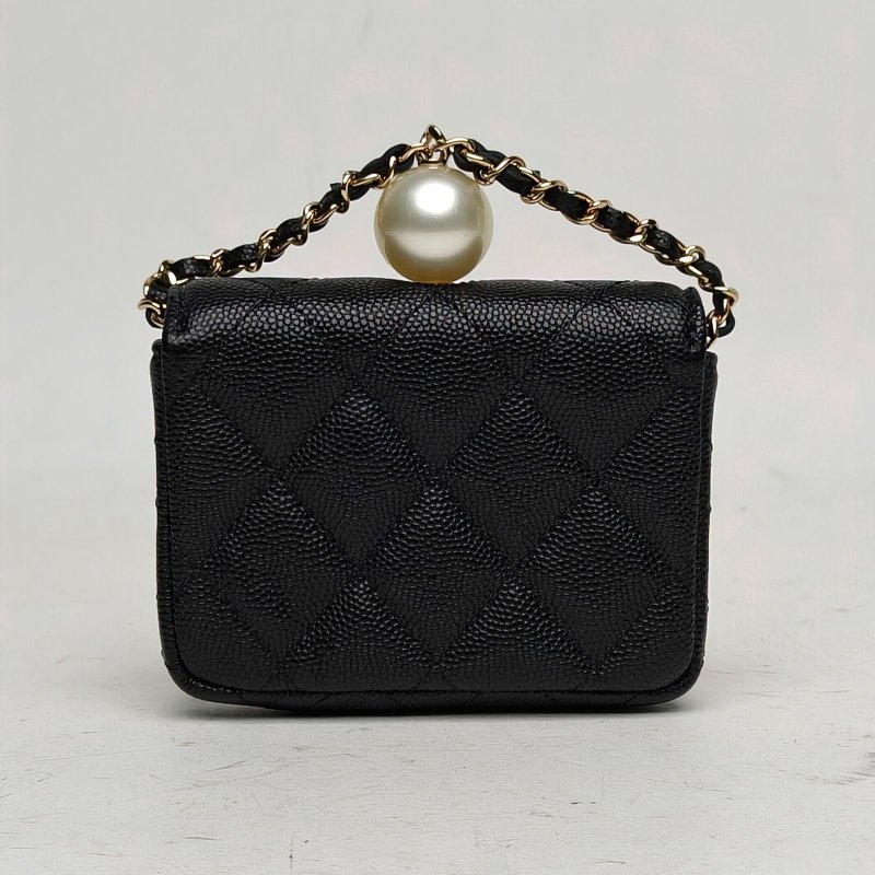 CHANEL 黑色荔枝牛皮淺金扣大珍珠鏈條零錢包-2