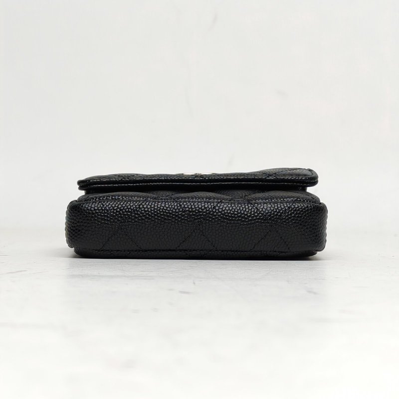 CHANEL 黑色荔枝牛皮淺金扣大珍珠鏈條零錢包-3