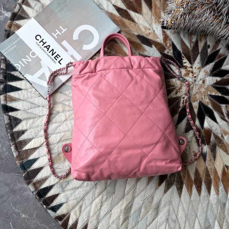 CHANEL 22 BAG粉色銀釦後背包 晶片款 小款-1