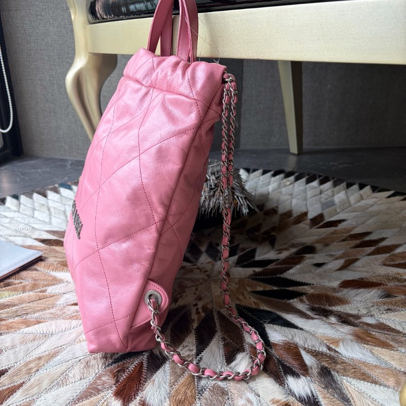 CHANEL 22 BAG粉色銀釦後背包 晶片款 小款-2