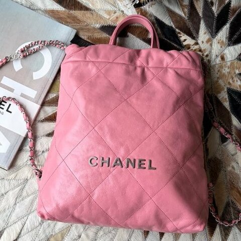 CHANEL 22 BAG粉色銀釦後背包 晶片款 小款