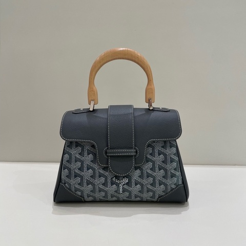 Goyard 戈雅 saigo 西貢 mini 灰色老花滿印皮革包角櫸木手柄 手提包 迷你