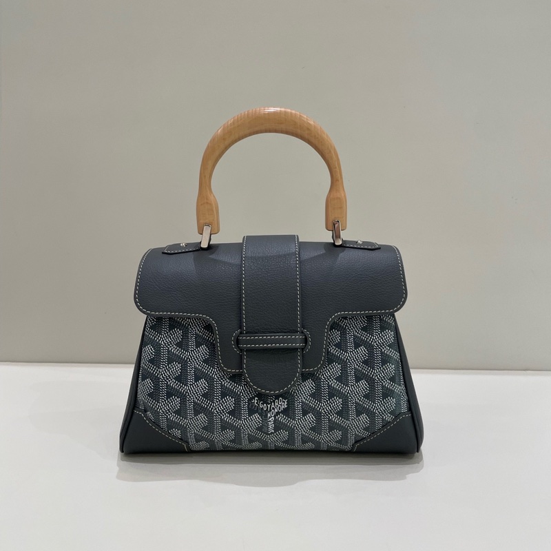 Goyard 戈雅 saigo 西貢 mini 灰色老花滿印皮革包角櫸木手柄 手提包 迷你-0